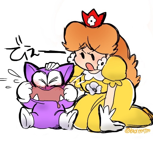 1girl angry blush brown_hair crown crying dress drooling earrings eyelashes flower_earrings gloves hand_on_another's_head jewelry kneeling long_hair looking_at_another mario_(series) mini_crown nm_qi open_mouth princess_daisy simple_background super_mario_bros. super_mario_land tatanga tears twitter_username white_background white_gloves yellow_dress