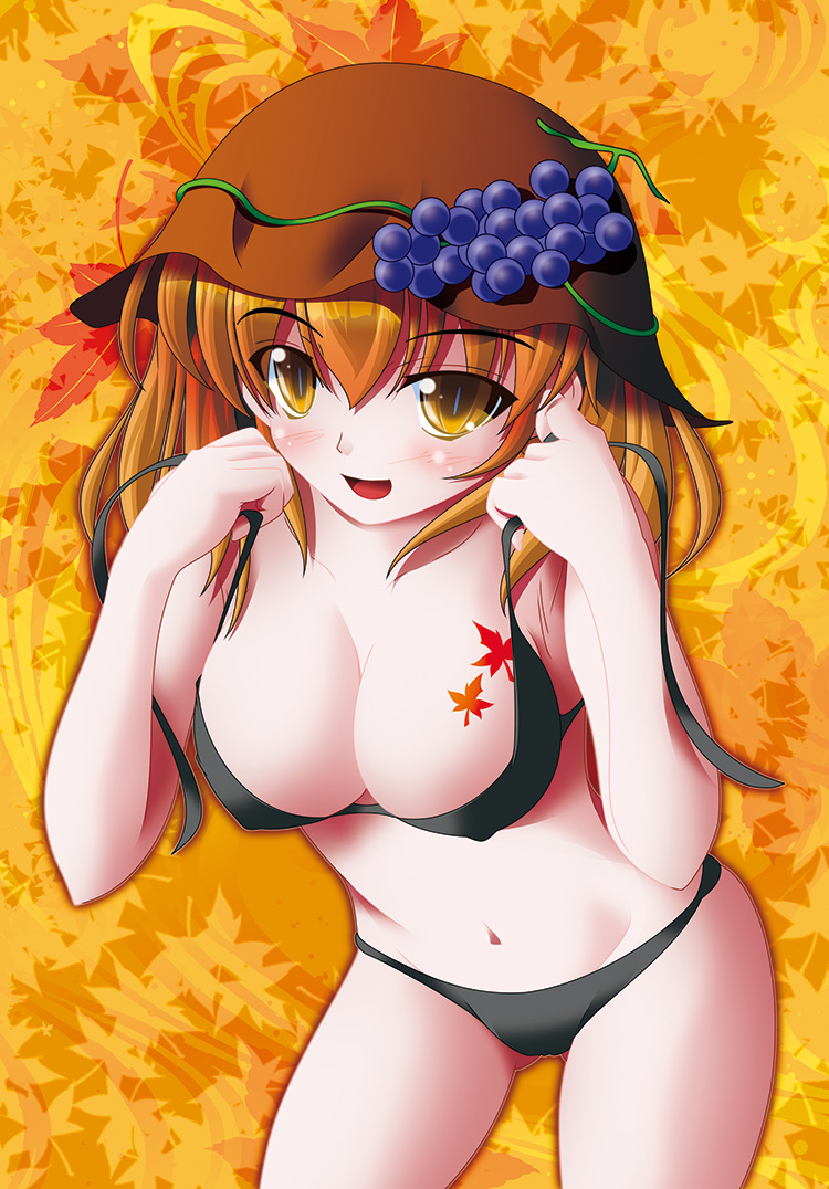 aki_minoriko arms_up bikini blonde_hair blush blush_stickers breasts brown_hat cleavage commentary_request eyebrows_visible_through_hair food fruit grape_vine grapes green_bikini green_bikini_bottom green_bikini_top hair_between_eyes hat large_breasts leaf long_hair looking_at_viewer navel open_mouth shadow side_b solo standing swimsuit touhou translation_request yellow_eyes