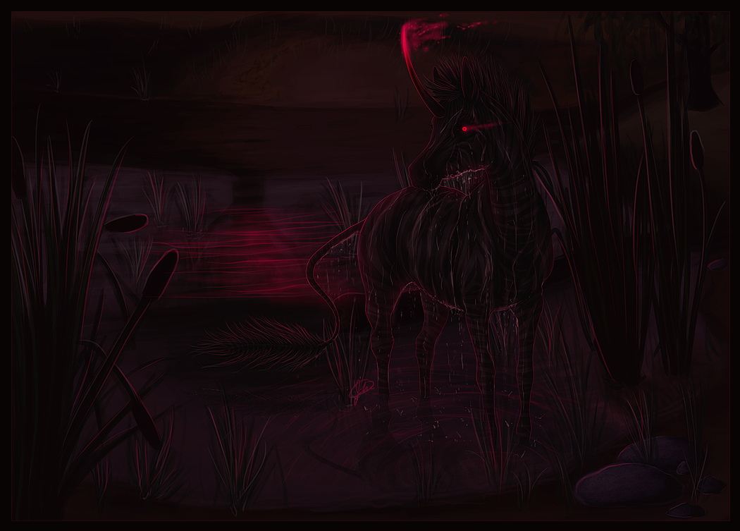 alcinda ambiguous_gender cattail_(plant) dark_theme detailed_background dripping equine feral front_view glowing glowing_eyes grass horn hybrid looking_back mammal nature outside partially_submerged red_eyes red_theme river solo stripes tail_tuft tuft unicorn water zebra