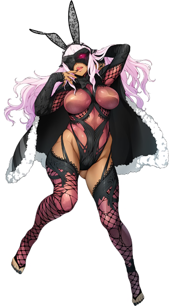 animal_ears ass_visible_through_thighs breasts bunny_ears capelet dark_skin fake_animal_ears full_body hand_behind_head large_breasts long_hair mask non-web_source official_art pink_hair simple_background solo super_robot_wars_x-omega thighhighs toeless_legwear toenail_polish tongue tongue_out watanabe_wataru white_background