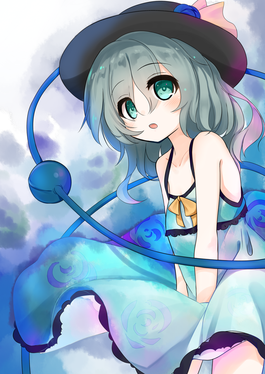 alternate_costume bare_arms bare_shoulders black_hat blue_flower blue_rose cowboy_shot dress eyebrows_visible_through_hair floral_print flower green_dress green_eyes green_hair hat hat_flower hat_ribbon highres komeiji_koishi looking_at_viewer ribbon rose solo sundress third_eye touhou tsumiki_akeno