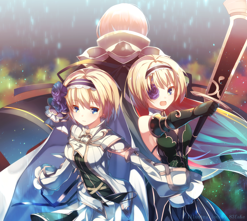 blonde_hair blue_eyes blue_hair brown_legwear commentary_request eyepatch flower_eyepatch grimms_notes jeanne_d'arc_(grimms_notes) multicolored_hair multiple_girls short_hair two-tone_hair yamai_fake