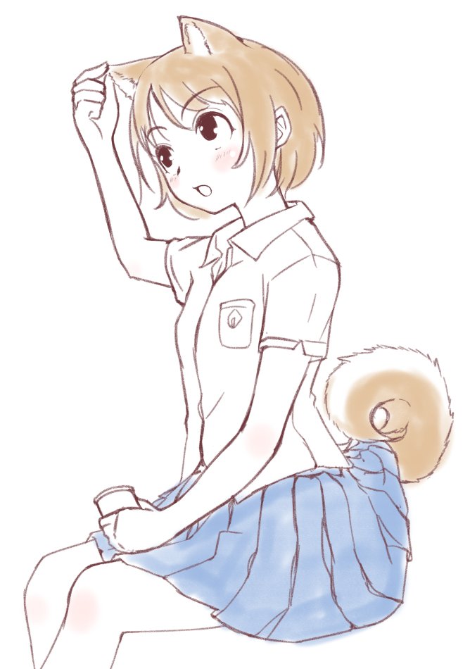 :o animal_ears blue_skirt blush brown_hair commentary_request dog_ears dog_tail extra_ears eyebrows_visible_through_hair hand_up hi_iro invisible_chair original partially_colored pleated_skirt school_uniform shirt short_hair short_sleeves simple_background sitting skirt solo tail tail_lift white_background wing_collar