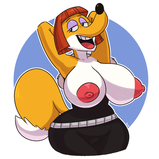 anthro big_breasts breasts canine claudette_dupri clothed clothing female hands_behind_head komponi looney_tunes mammal mature_female nipples open_mouth solo voluptuous wabbit warner_brothers wide_hips