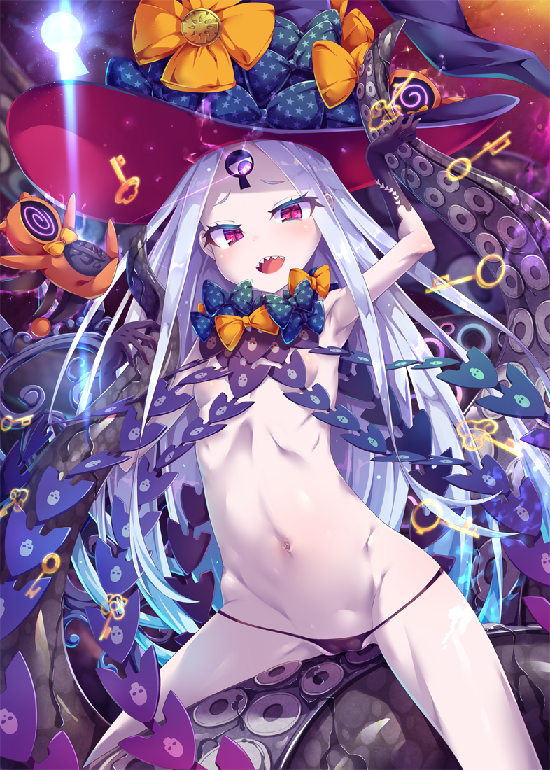 :q abigail_williams_(fate/grand_order) bangs black_bow black_hat black_panties blush bow breasts bug butterfly cameltoe fate/grand_order fate_(series) forehead hat hat_bow insect key keyhole long_hair looking_at_viewer monster naughty_face navel open_mouth orange_bow pale_skin panties parted_bangs polka_dot polka_dot_bow red_eyes revealing_clothes ribs sharp_teeth shiny shiny_hair shiny_skin silver_hair skinny small_breasts smile solo spread_legs suction_cups teeth tentacles tongue tongue_out toraishi_666 underwear
