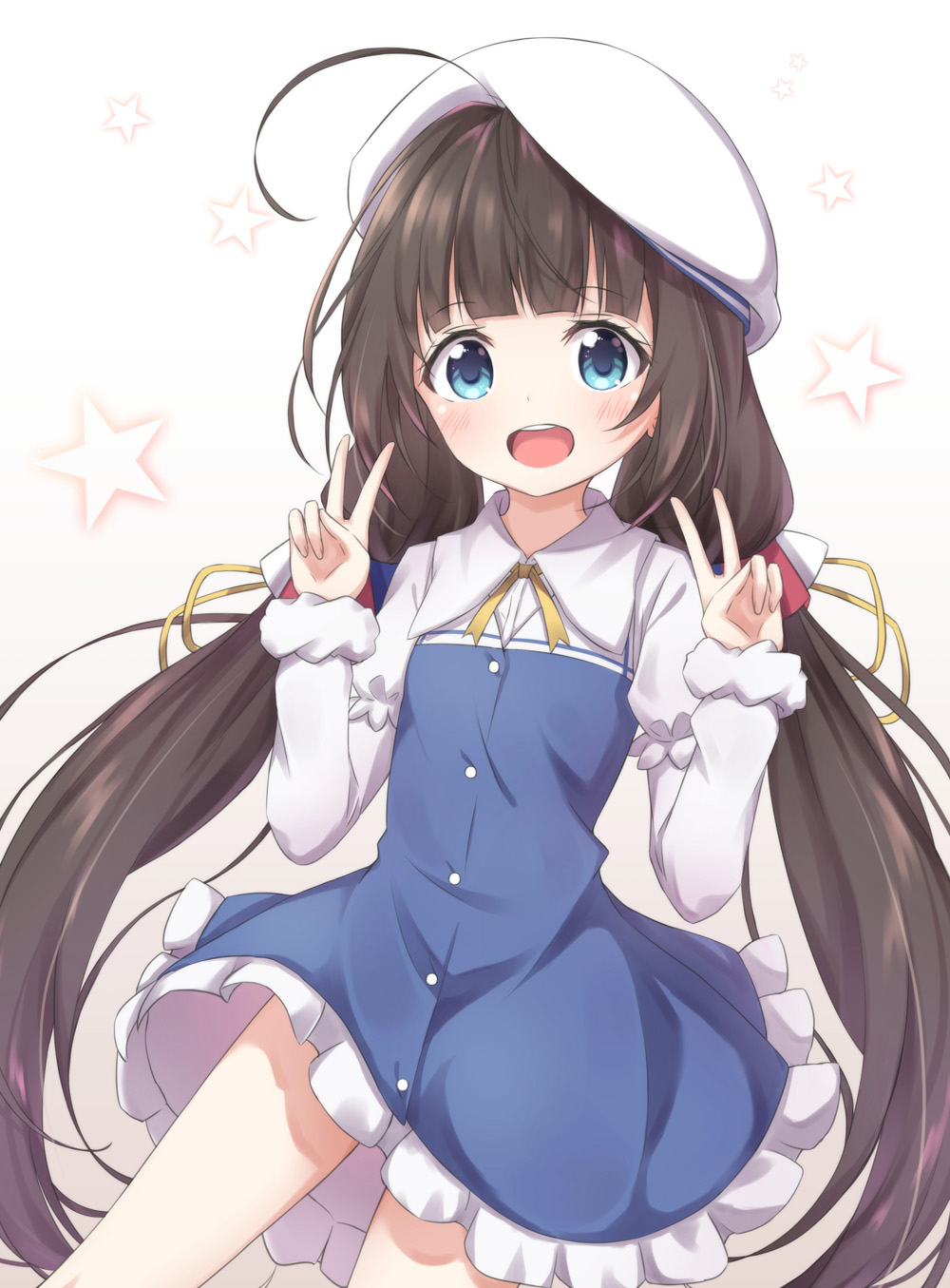 :d ahoge akira_(been0328) bangs beret blue_dress blue_eyes blunt_bangs blush brown_hair commentary_request double_v dress eyebrows_visible_through_hair frilled_dress frills hair_ribbon hat highres hinatsuru_ai long_hair long_sleeves looking_at_viewer low_twintails open_mouth puffy_short_sleeves puffy_sleeves ribbon ryuuou_no_oshigoto! school_uniform short_over_long_sleeves short_sleeves smile solo star starry_background twintails upper_teeth v very_long_hair white_background white_hat yellow_neckwear yellow_ribbon
