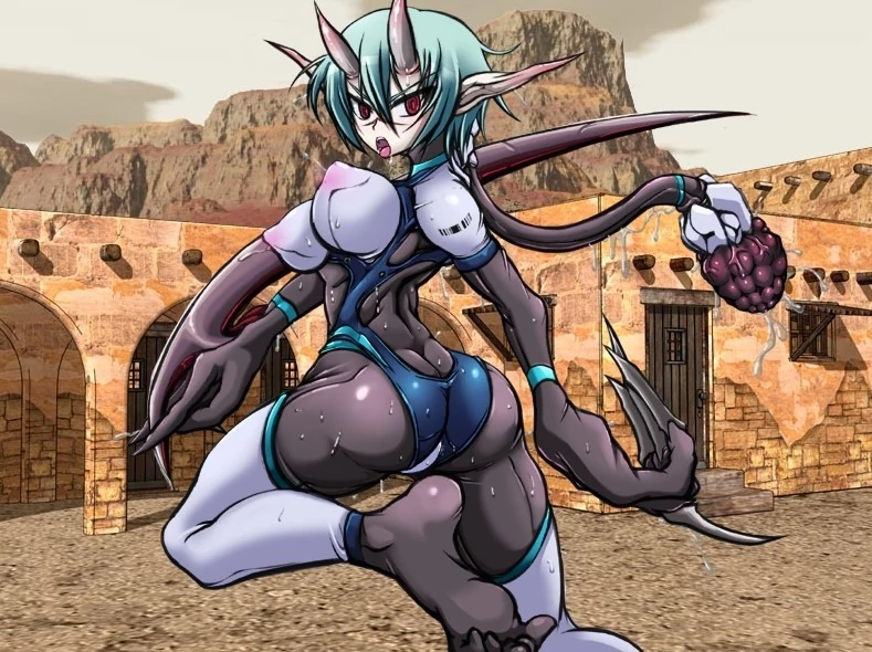 1girl ass assassinroid_(mon-musu_quest!) barcode breasts claws cyborg desert feet green_hair horns large_breasts legs looking_at_viewer mon-musu_quest! monster_girl nipples open_mouth pointy_ears red_eyes scar short_hair soles sweat thighs toes tongue weapon xelvy