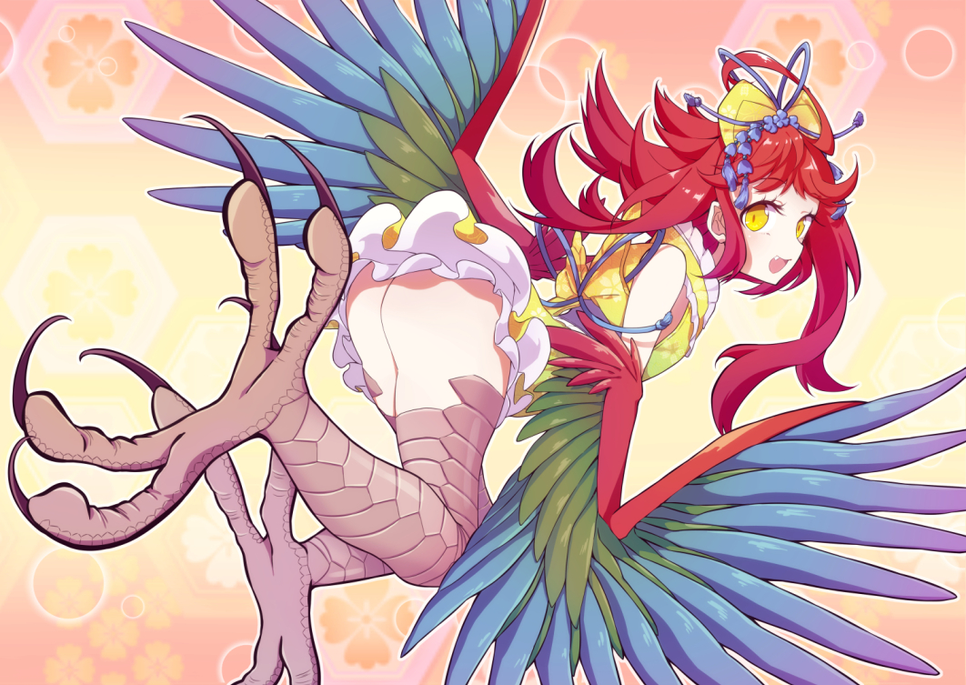 ass blue_feathers bow breasts claws fang feathered_wings feathers green_feathers hair_bow harpy maguro_(guromaguro) monster_girl open_mouth original red_hair small_breasts solo talons winged_arms wings yellow_eyes