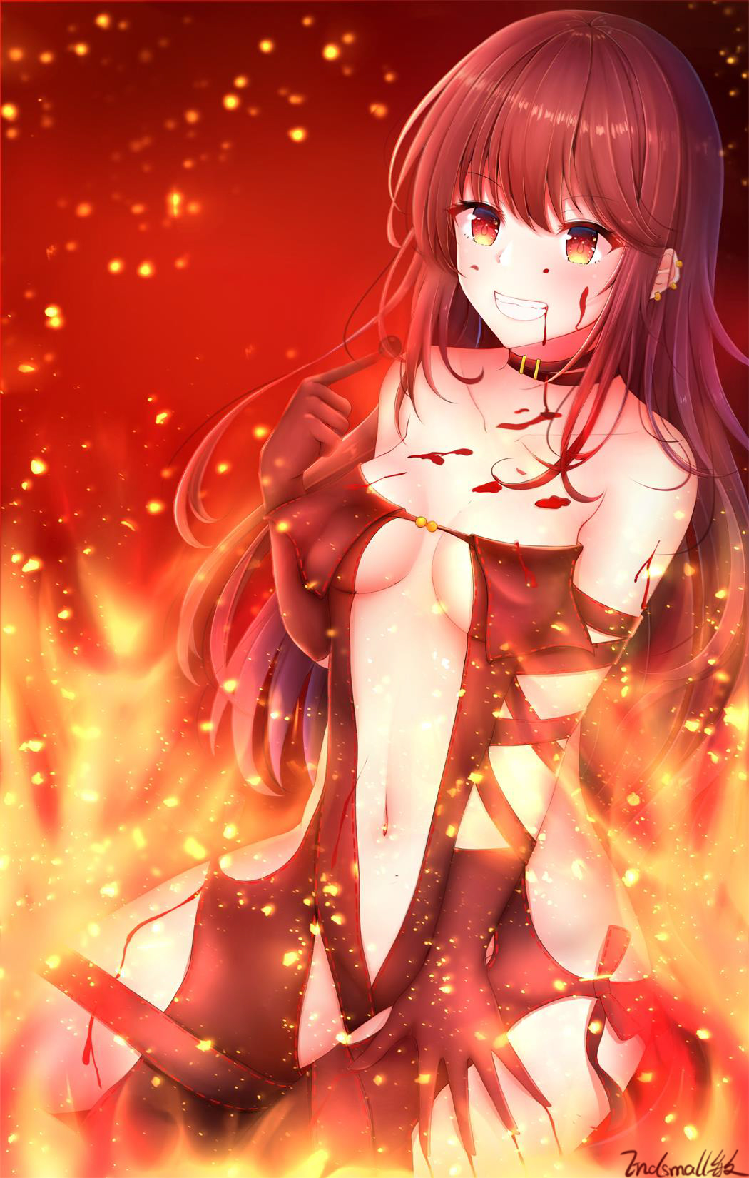 1girl bangs blood blood_on_face blurry blurry_foreground blush breasts brown_dress brown_gloves brown_hair burning cleavage collarbone commentary_request consort_yu_(fate) depth_of_field dress ear_piercing earrings endsmall_min eyebrows_visible_through_hair fate/grand_order fate_(series) fire gloves grin hair_between_eyes hand_up highres jewelry long_hair looking_at_viewer medium_breasts navel piercing red_eyes ribbon-trimmed_dress ribbon_trim signature sitting smile solo strapless strapless_dress very_long_hair