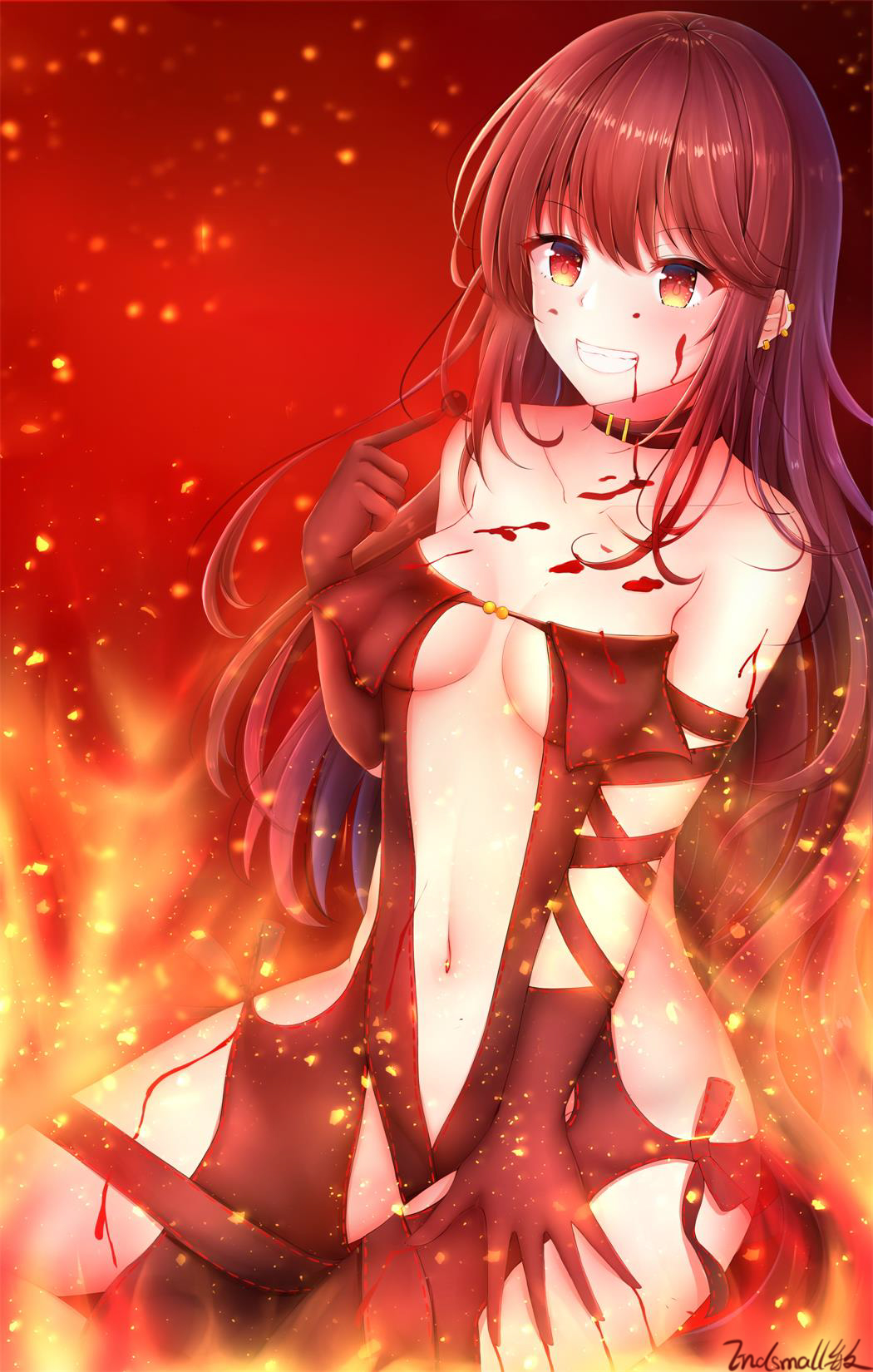 1girl bangs blood blood_on_face blurry blurry_foreground blush breasts brown_dress brown_gloves brown_hair burning cleavage collarbone consort_yu_(fate) depth_of_field dress ear_piercing earrings endsmall_min eyebrows_visible_through_hair fate/grand_order fate_(series) fire gloves grin hair_between_eyes hand_up highres jewelry long_hair looking_at_viewer medium_breasts navel piercing red_eyes ribbon-trimmed_dress ribbon_trim signature sitting smile solo strapless strapless_dress very_long_hair