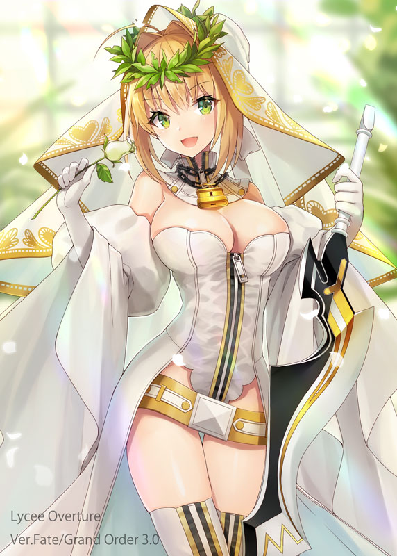 1girl :d aestus_estus bangs blonde_hair blurry blurry_background breasts cleavage commentary_request copyright_name depth_of_field detached_sleeves eyebrows_visible_through_hair fate/grand_order fate_(series) flower full-length_zipper green_eyes green_flower hair_between_eyes head_tilt holding holding_flower holding_sword holding_weapon juliet_sleeves kagachi_saku large_breasts leotard long_sleeves nero_claudius_(bride)_(fate) nero_claudius_(fate)_(all) open_mouth puffy_sleeves sidelocks smile solo strapless strapless_leotard sunlight sword thighhighs veil weapon white_legwear white_leotard wide_sleeves zipper