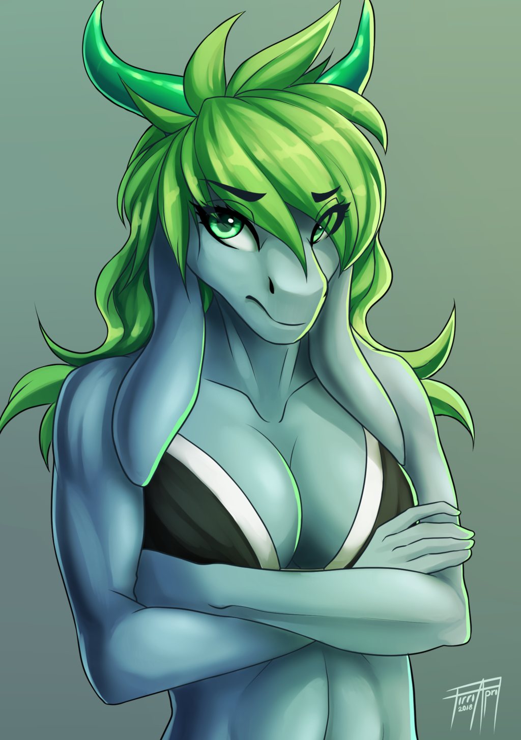 2018 anthro athletic bikini bikini_top breasts clothing crossed_arms digital_media_(artwork) eyebrows eyelashes female green_eyes green_hair hair horn hybrid simple_background solo swimsuit wolfirry