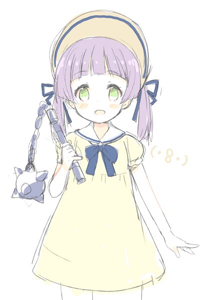 :d bangs blonde_hair blush bonnet commentary_request cowboy_shot dress eyebrows_visible_through_hair flail green_eyes holding holding_weapon looking_at_viewer meito_(maze) mochi_hiyoko mochi_hiyoko_(character) open_mouth puffy_short_sleeves puffy_sleeves purple_hair sailor_dress short_sleeves simple_background sketch smile solo twintails virtual_youtuber weapon white_background yellow_dress