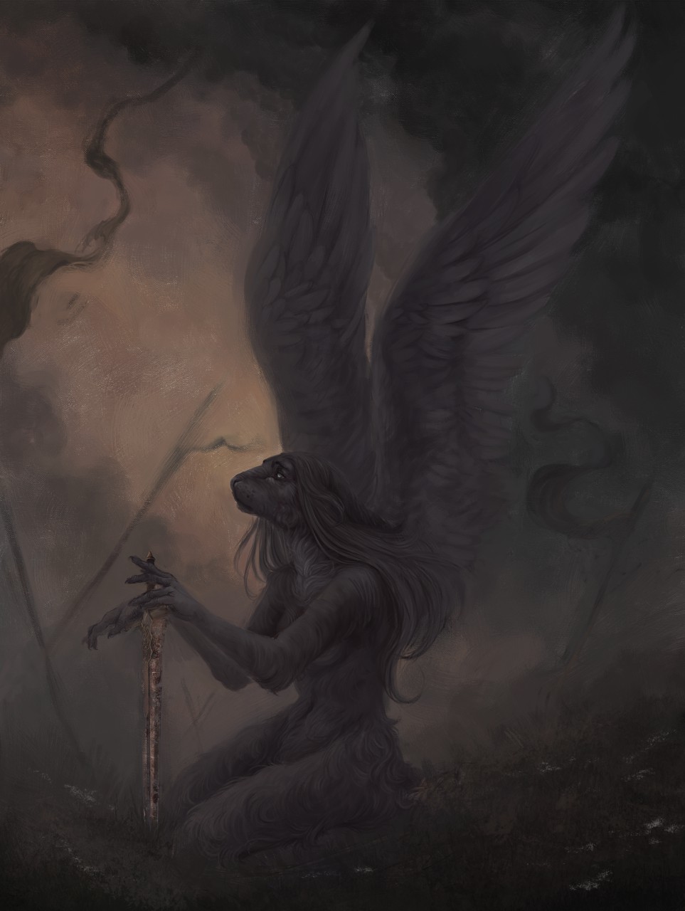 anthro claws feathered_wings feathers female fur hair kneeling long_hair looking_up mammal melee_weapon nude outside overcast raventenebris sky solo sword weapon wings