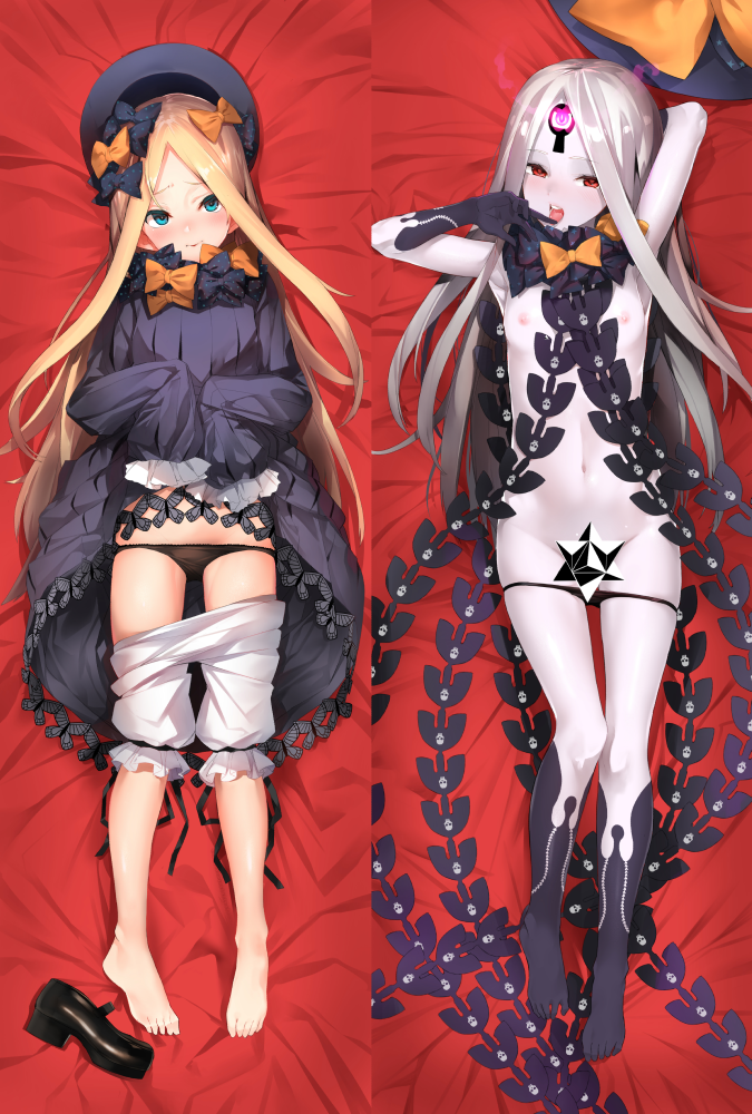 abigail_williams_(fate/grand_order) bangs barefoot black_bow black_dress black_footwear black_gloves black_hat black_legwear black_panties blonde_hair bloomers bloomers_pull blue_eyes blush bow breasts bug butterfly closed_mouth commentary_request dakimakura dress dress_lift elbow_gloves fate/grand_order fate_(series) furisuku gloves glowing hair_bow hat hat_bow hat_ribbon head_tilt insect kneehighs lifted_by_self long_hair long_sleeves looking_at_viewer lying mary_janes multiple_views nipples on_back open_mouth orange_bow pale_skin panties panty_pull parted_bangs polka_dot polka_dot_bow red_eyes revealing_clothes ribbon saint_quartz shoes shoes_removed sleeves_past_fingers sleeves_past_wrists small_breasts tongue tongue_out topless underwear very_long_hair white_bloomers white_hair witch_hat