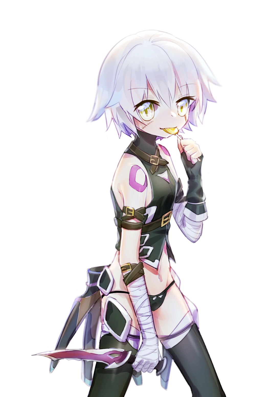 arm_belt bandaged_arm bandages belt_buckle black_panties buckle candy dagger facial_scar fate/apocrypha fate/grand_order fate_(series) food food_in_mouth fox_(770205490) gloves green_eyes highres holding holding_knife jack_the_ripper_(fate/apocrypha) knife lollipop lowleg lowleg_panties panties reverse_grip scar scar_across_eye scar_on_cheek shoulder_tattoo silver_hair simple_background single_glove solo tattoo underwear weapon white_background white_hair