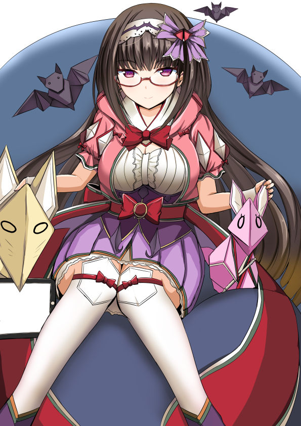 bat black_hair breasts brown_hair commentary_request fate/grand_order fate_(series) fox glasses gradient_hair hairband hikikomori large_breasts long_hair looking_at_viewer low_twintails multicolored_hair natsuzakura_yuuki origami osakabe-hime_(fate/grand_order) purple_eyes smile solo twintails very_long_hair white_legwear