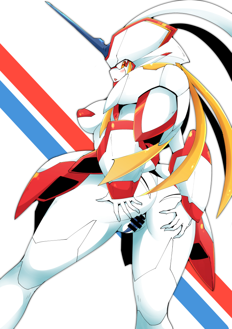 1girl ass bar_censor blush breasts censored darling_in_the_franxx erect_nipples female from_behind hands_on_own_ass horn ikanomaru large_breasts legs_apart looking_at_viewer looking_back open_mouth orange_eyes presenting pussy robot_girl siple_background solo spread_ass standing strelizia white_background
