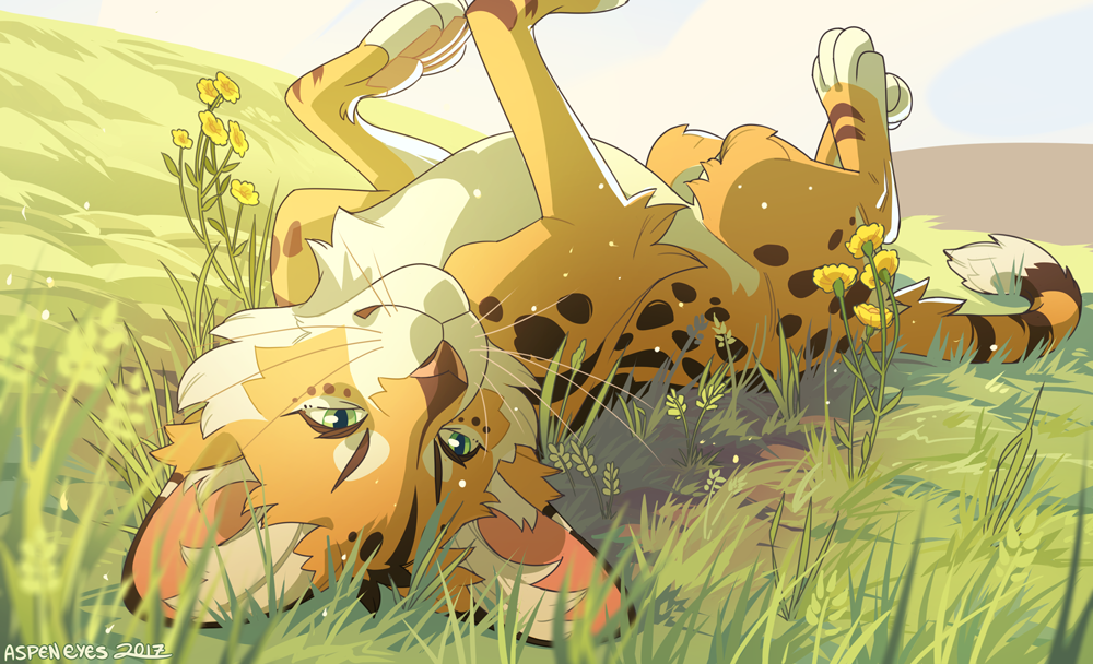2017 ambiguous_gender aspeneyes brown_markings brown_spots countershading detailed_background feline feral flower fur grass green_eyes looking_at_viewer lying mammal markings on_back outside pawpads pink_pawpads plant relaxing serval solo spots white_countershading yellow_fur