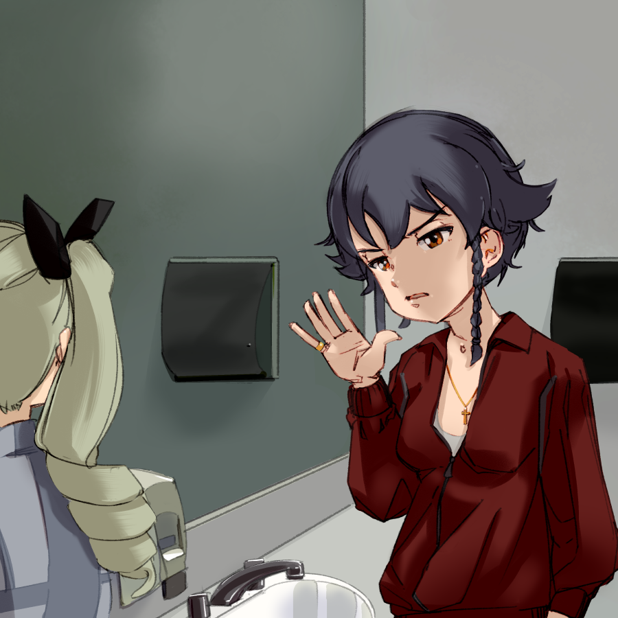 2girls anchovy_(girls_und_panzer) arm_at_side arm_up bangs bathroom black_hair black_ribbon braid breasts brown_eyes commentary counter cross cross_necklace dispenser drill_hair english_commentary facing_another faucet furrowed_eyebrows girls_und_panzer gold_necklace green_hair hair_ribbon hand_up indoors jacket jewelry long_hair long_sleeves mirror multiple_girls necklace parody paulie_gualtieri pepperoni_(girls_und_panzer) photo-referenced red_jacket reflection ribbon ring short_hair side_braid single_braid sink small_breasts the_sopranos tony_soprano toorops track_suit twin_drills undershirt upper_body wing_collar zipper