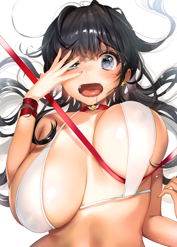 bangs bare_arms bare_shoulders bikini bikini_top blush breasts breasts_apart choker covered_nipples earrings eyebrows_visible_through_hair jewelry kanojo_(ogino_atsuki) large_breasts long_hair looking_at_viewer nail_polish ogino_atsuki open_mouth original pink_nails raised_eyebrows red_choker red_ribbon ribbon shiny shiny_hair shiny_skin simple_background solo star star_earrings swimsuit tareme tearing_up tears tongue unaligned_breasts upper_body white_background white_bikini wristband