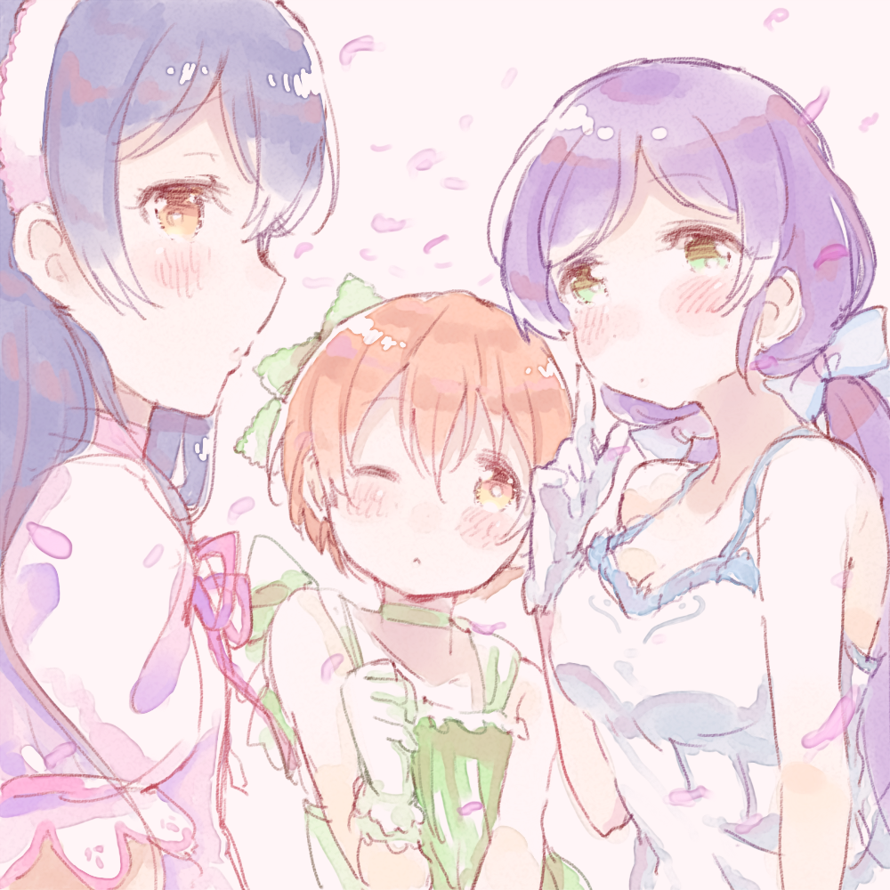 bangs blue_hair blush choker closed_mouth commentary_request dress gloves hair_between_eyes hair_ribbon hoshizora_rin lily_white_(love_live!) long_hair looking_at_viewer love_live! love_live!_school_idol_project low_twintails multiple_girls one_eye_closed orange_hair purple_hair ribbon shijimi_kozou shiranai_love_oshiete_love short_hair sonoda_umi toujou_nozomi twintails yellow_eyes