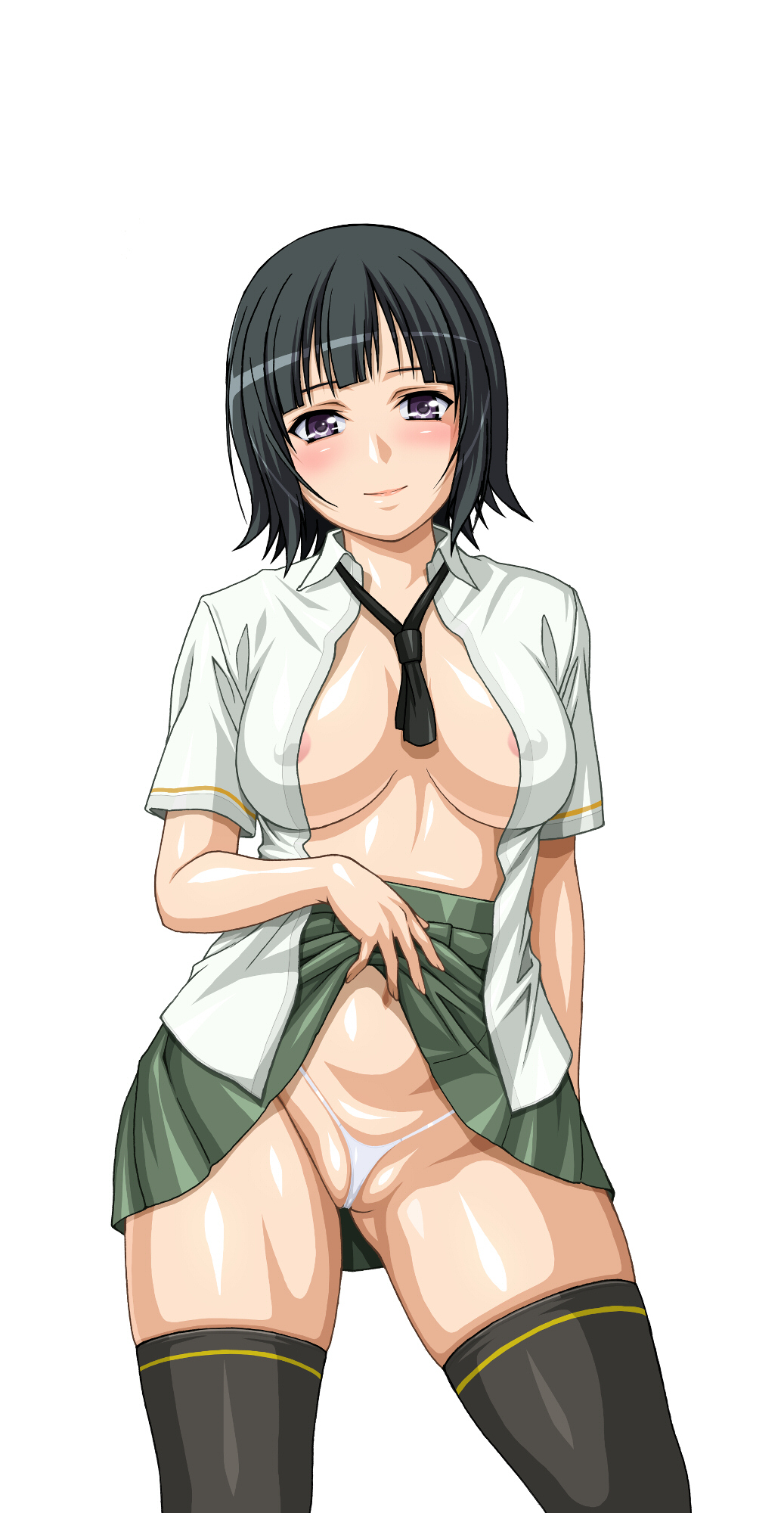 areola_slip areolae bangs black_hair black_legwear blush boku_wa_tomodachi_ga_sukunai breasts breasts_apart cameltoe commentary_request covered_nipples cowboy_shot green_skirt highres large_breasts legs_apart lifted_by_self looking_at_viewer mikazuki_yozora navel necktie no_bra open_clothes open_shirt panties purple_eyes school_uniform shiny shiny_hair shiny_skin shirt short_hair simple_background skirt skirt_lift solo st._chronica_academy_uniform standing thighhighs underwear white_background white_panties white_shirt yanagi_hirohiko