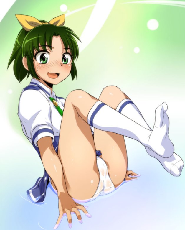 blush ez6 fat_mons flat_chest green_eyes green_hair hair_ribbon kneehighs midorikawa_nao nanairogaoka_middle_school_uniform no_shoes open_mouth panties pantyshot pantyshot_(sitting) ponytail precure ribbon sitting smile_precure! socks solo sweatdrop underwear water wet wet_clothes wet_panties