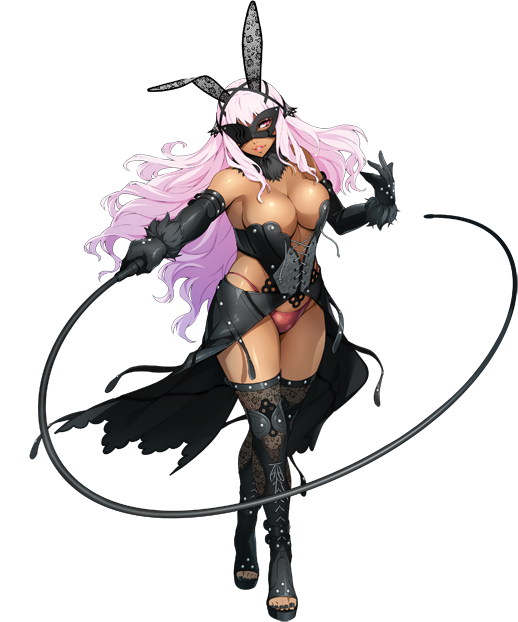 animal_ears black_gloves black_legwear breasts bunny_ears dark_skin detached_collar elbow_gloves fake_animal_ears full_body gloves large_breasts long_hair mask non-web_source official_art one_eye_covered open_toe_shoes panties parted_lips pink_eyes pink_hair red_panties solo standing super_robot_wars_x-omega thighhighs toenail_polish transparent_background underwear watanabe_wataru whip