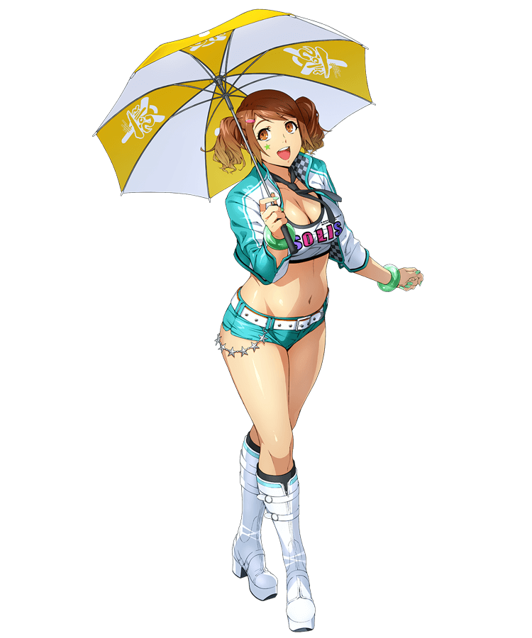 boots bracelet brown_eyes brown_hair crop_top cropped_jacket facial_mark full_body hair_ornament hairclip holding holding_umbrella jewelry long_sleeves nail_polish navel official_art olive_oppert open_mouth platform_footwear short_shorts shorts solo standing super_robot_wars super_robot_wars_x-omega transparent_background twintails umbrella upper_teeth watanabe_wataru white_footwear