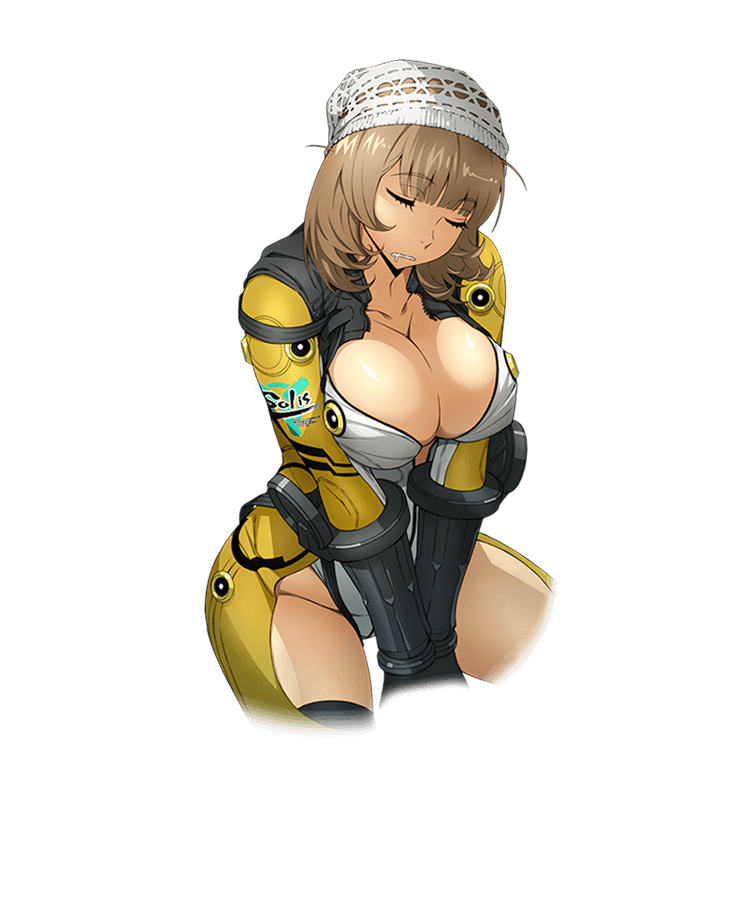 breasts brown_hair cleavage closed_eyes cropped_legs drooling eyebrows_visible_through_hair hat katrina_company large_breasts official_art short_hair solo super_robot_wars super_robot_wars_x-omega transparent_background v_arms watanabe_wataru