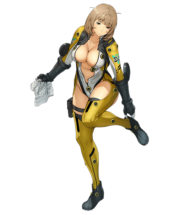 adjusting_footwear bodysuit breasts brown_hair center_opening gloves holding holster katrina_company large_breasts leg_up legs_up messy_hair official_art short_hair solo super_robot_wars super_robot_wars_x-omega thigh_holster watanabe_wataru