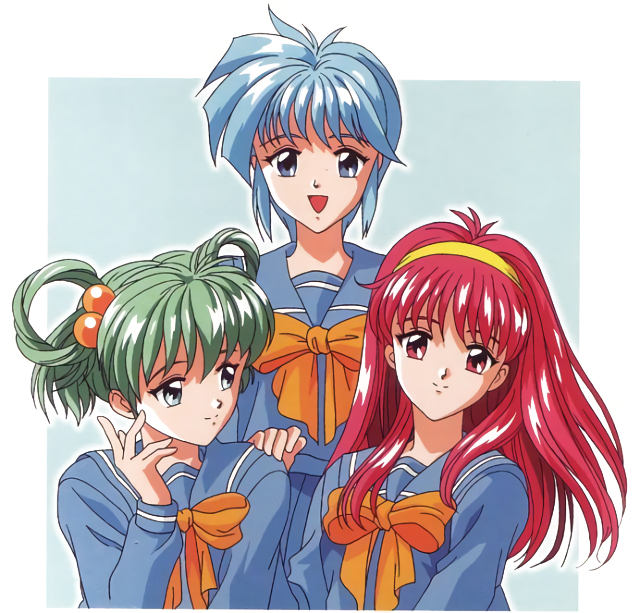 90s blue_eyes blue_hair forearms_at_chest fujisaki_shiori green_eyes green_hair hair_bobbles hair_ornament hairband hand_on_another's_shoulder kokura_masashi long_hair long_sleeves looking_at_viewer multiple_girls nijino_saki non-web_source official_art official_style open_mouth red_eyes red_hair school_uniform short_hair smile tatebayashi_miharu tokimeki_memorial tokimeki_memorial_1