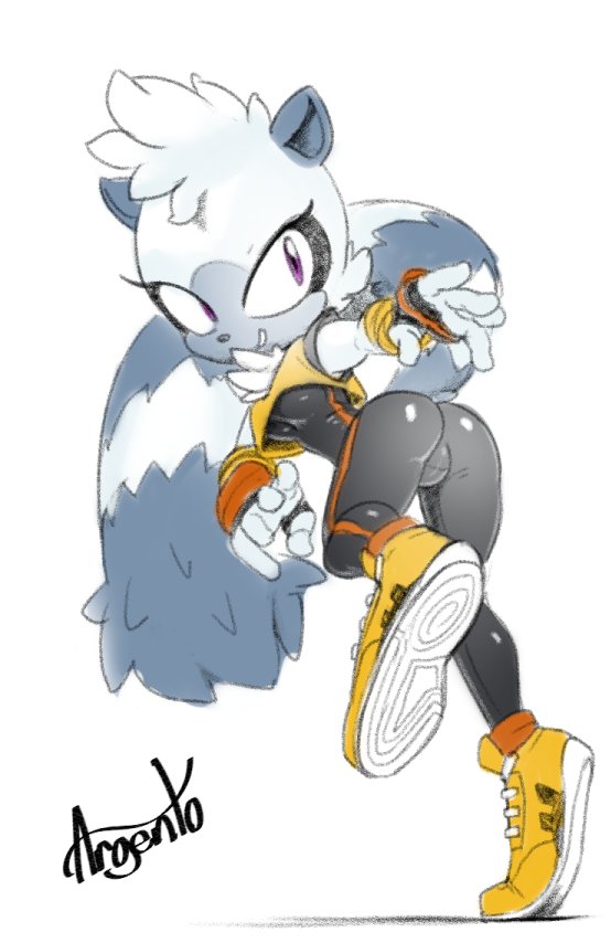 argento breasts butt clothed clothing female footwear full_body gloves lemur mammal primate purple_eyes rear_view shoes signature simple_background smile solo sonic_(series) standing tangle_the_lemur white_background