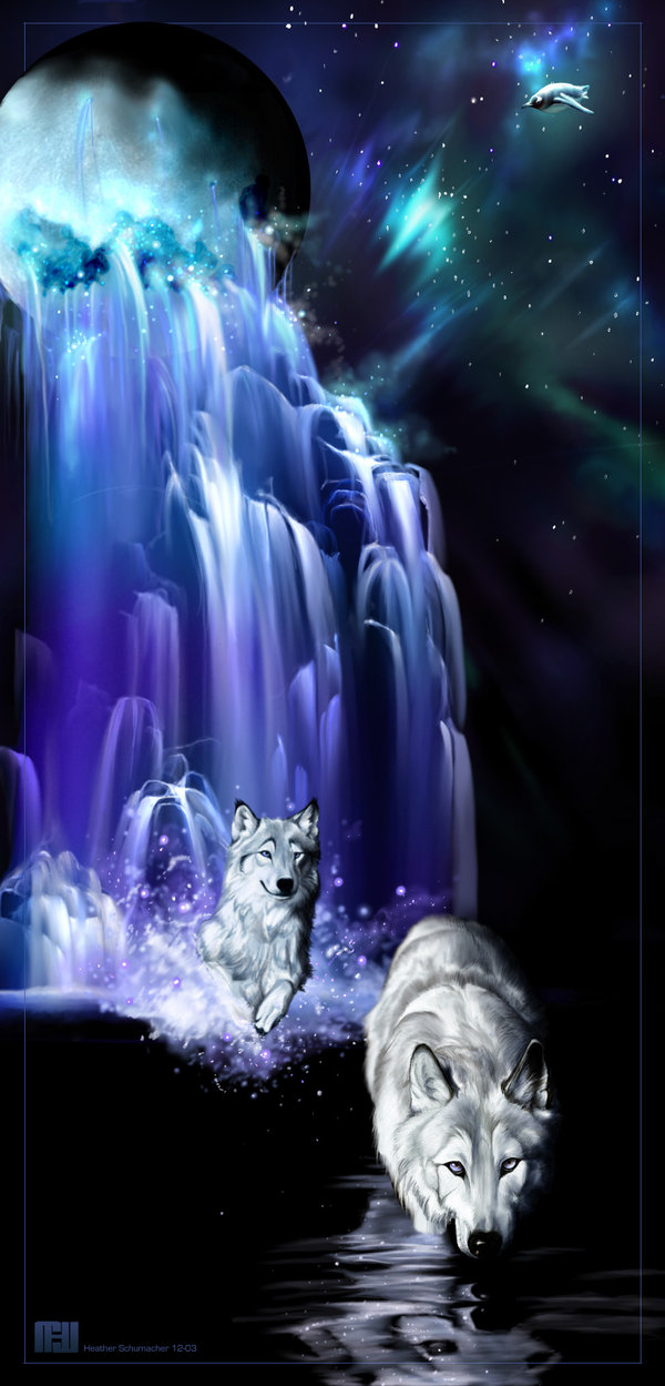 2003 ambiguous_gender aurora_borealis avian bird blue_theme canine claws countershading dark_theme detailed_background feral flying fur grey_eyes grey_fur group looking_at_viewer mammal moon nature novawuff outside partially_submerged penguin planet reflection running splash star surreal water waterfall white_countershading wolf