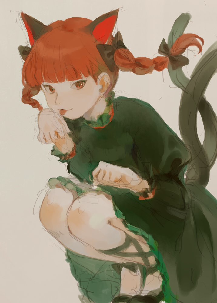 animal_ears bangs black_footwear bow braid cat_ears cat_tail dress extra_ears green_dress hair_bow kaenbyou_rin kagari_(kgr_000) licking licking_hand long_hair looking_at_viewer multiple_tails nekomata red_eyes red_hair shoes simple_background smile solo tail tongue tongue_out touhou twin_braids two_tails