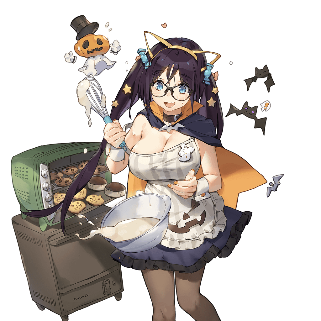 animal_ears apron baking bat black-framed_eyewear black_hair blue_eyes bowl breasts capelet cat_ears cleavage collar cookie dropping fake_animal_ears food hair_ornament holding kino_books large_breasts long_hair official_art open_mouth oven pantyhose skirt solo star star_hair_ornament strap_slip transparent_background twintails uchi_no_hime-sama_ga_ichiban_kawaii whoisshe wrist_cuffs