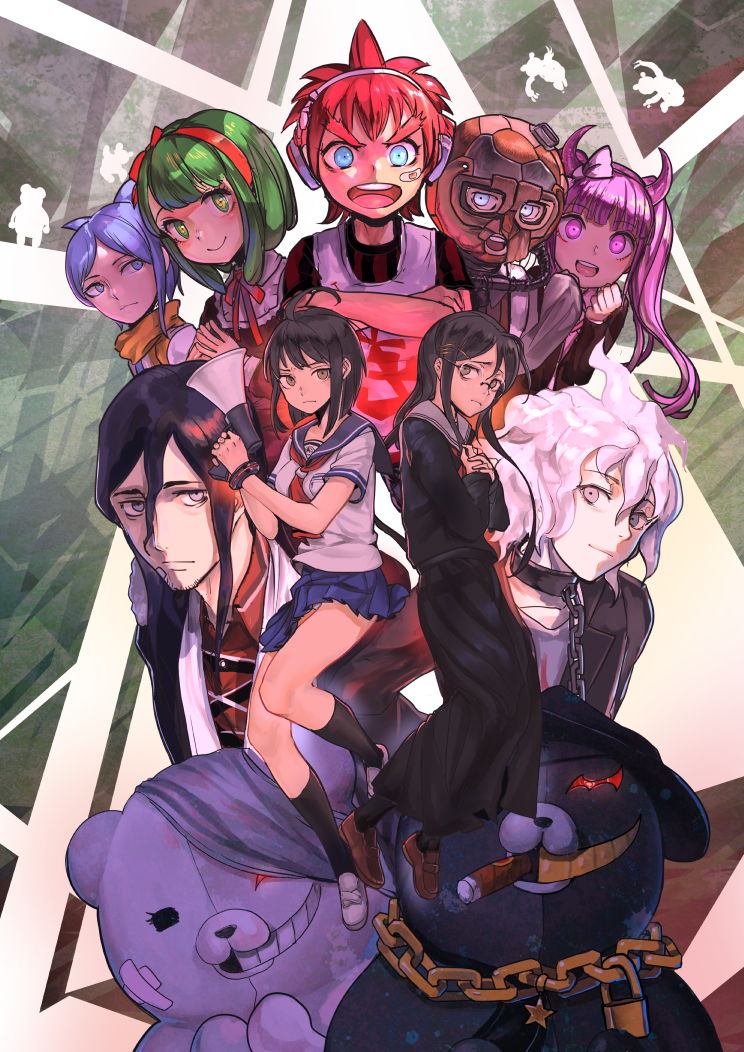 5girls ahoge blue_eyes blue_hair braid brown_hair daimon_masaru_(danganronpa) danganronpa fukawa_touko green_eyes green_hair hairband kemuri_jatarou komaeda_nagito kurokuma_(danganronpa) long_hair monaka_(danganronpa) monokuma multiple_boys multiple_girls naegi_komaru nuda pink_eyes pink_hair red_eyes red_hair scarf school_uniform serafuku servant_(danganronpa) shingetsu_nagisa shirokuma_(danganronpa) short_hair skirt smile tongue tongue_out touwa_haiji twin_braids twintails utsugi_kotoko very_long_hair zettai_zetsubou_shoujo