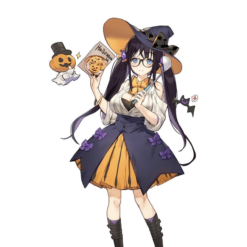 bat black-framed_eyewear black_hair blue_eyes bracelet breasts cleavage cookie food hat heart holding jack-o'-lantern jewelry kino_books ladle large_breasts long_hair looking_at_viewer official_art shoulder_cutout skirt smile solo spoken_heart transparent_background uchi_no_hime-sama_ga_ichiban_kawaii whoisshe witch_hat