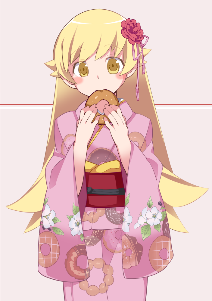 bangs blonde_hair blush cowboy_shot doughnut doughnut_print eating eyebrows_visible_through_hair floral_print flower food hair_flower hair_ornament hammer_(sunset_beach) holding holding_food japanese_clothes kimono long_hair long_sleeves looking_at_viewer monogatari_(series) obi oshino_shinobu pink_kimono red_flower sash solo standing wide_sleeves yellow_eyes