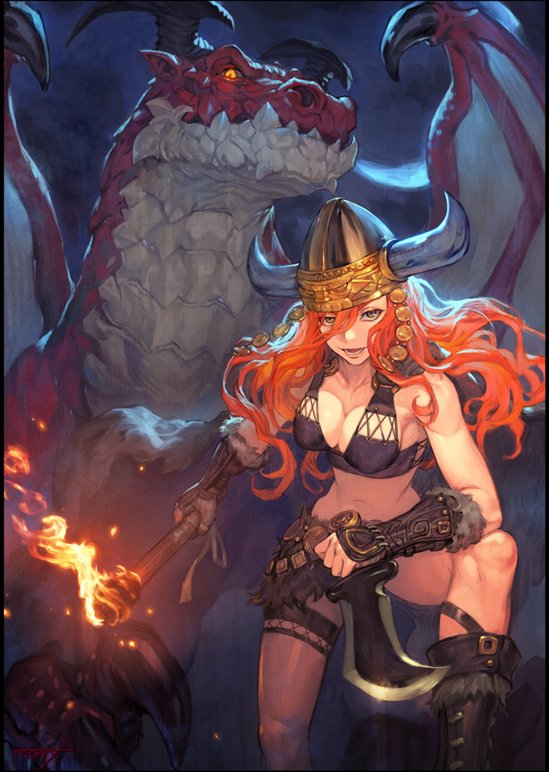 boots breasts covered_nipples dagger dragon fingerless_gloves gauntlets gloves green_eyes helmet leather leather_gloves loincloth long_hair medium_breasts na_in-sung open_mouth orange_hair original smile thigh_strap torch viking weapon