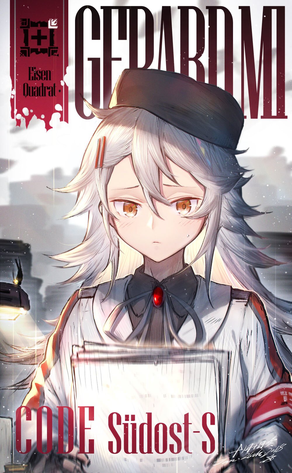 ahoge bangs black_gloves blush brown_eyes character_name cityscape closed_mouth collared_shirt commentary_request dated double-breasted frown gepard_m1_(girls_frontline) girls_frontline gloves grey_ribbon grey_shirt hair_between_eyes hair_ornament hairclip hat heiwari_kanade highres holding holding_paper jacket light long_hair looking_at_viewer messy_hair military military_jacket military_uniform outdoors paper shirt sidelocks signature silver_hair skirt snow snowing solo sweatdrop uniform upper_body very_long_hair