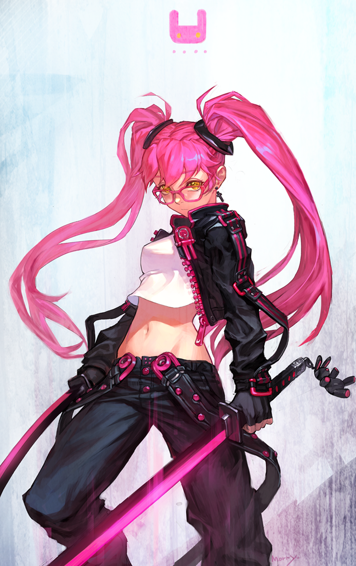 glasses jacket long_hair midriff na_in-sung original pants pink_hair solo sword twintails weapon yellow_eyes