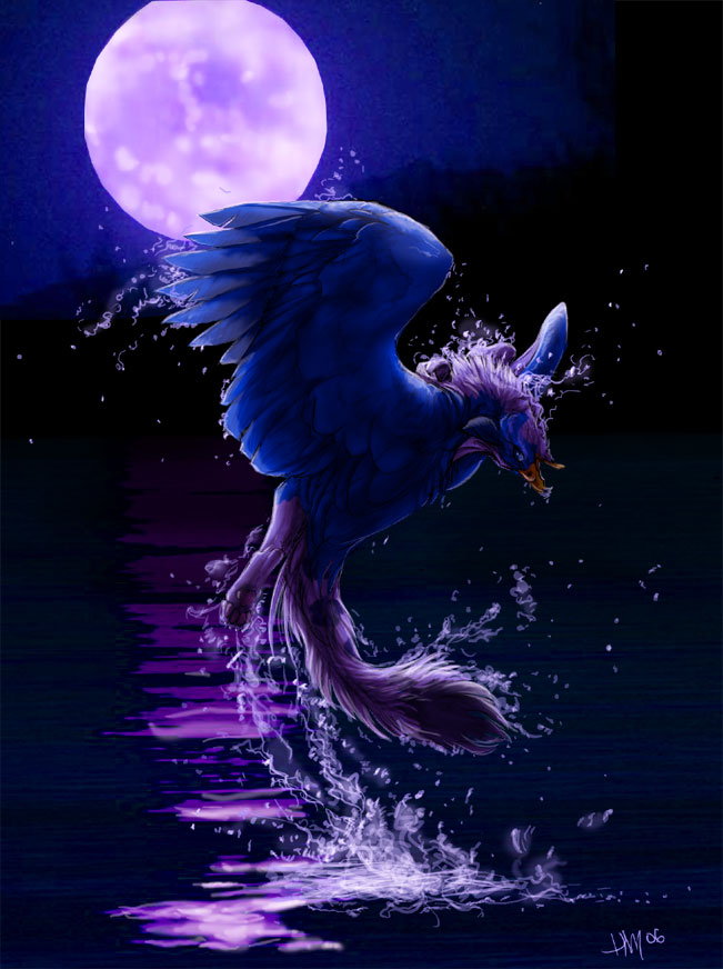 ambiguous_gender avian beak bird blue_feathers blue_theme dark_theme detailed_background dripping feathered_wings feathers feline feral full_moon fur grey_fur hybrid jumpinping lake leopard looking_back mammal moon night novawuff nude outside pawpads snow_leopard solo splash spots spread_wings upside_down water water_drops wings yellow_beak