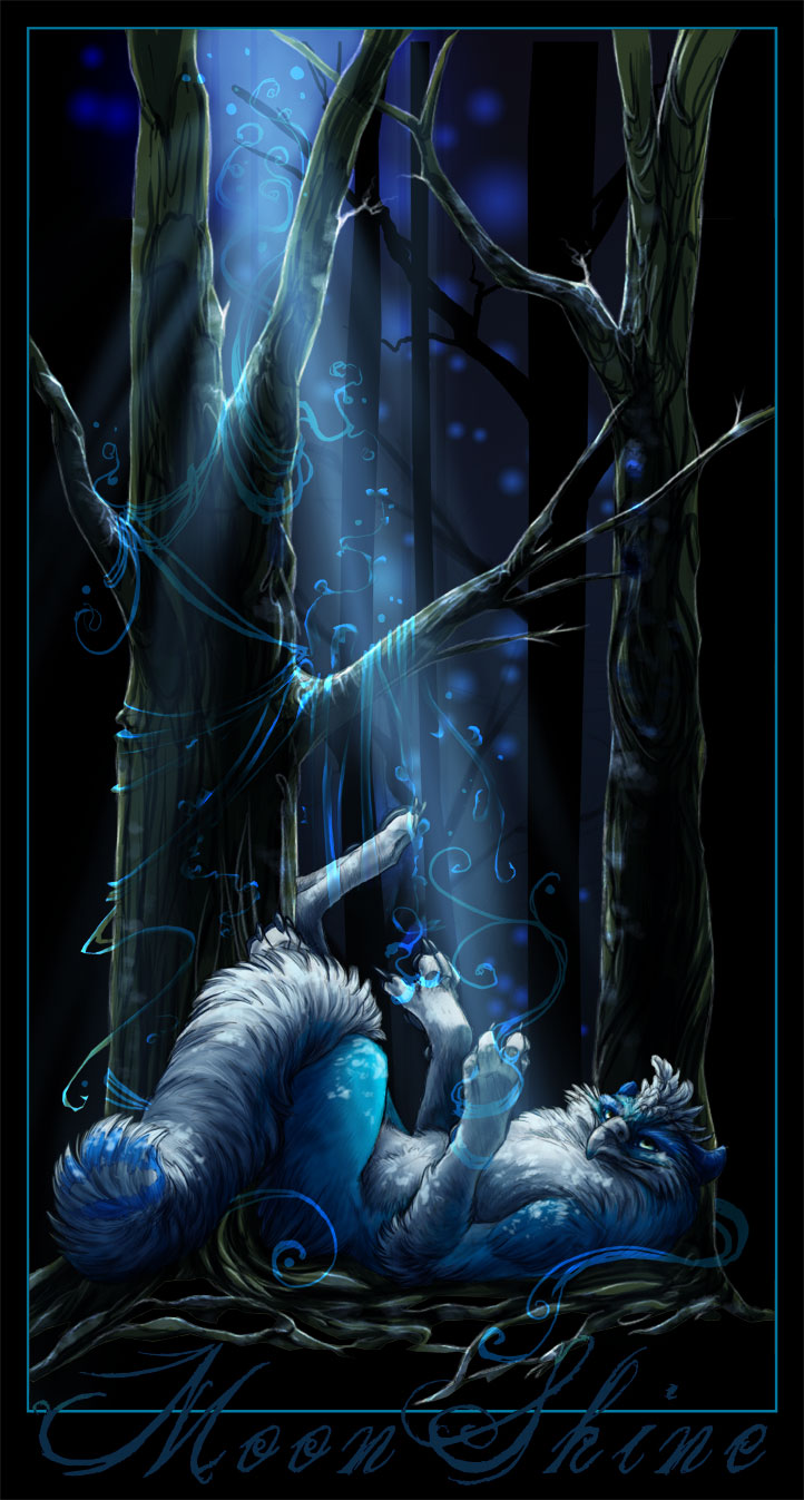 ambiguous_gender anthro avian beak blue_eyes blue_feathers blue_fur blue_theme claws countershading dark_theme detailed_background feathers fluffy fluffy_tail forest fur gryphon looking_at_viewer lying magic nature night novawuff nude on_back outside pawpads relaxing smile solo tree white_countershading