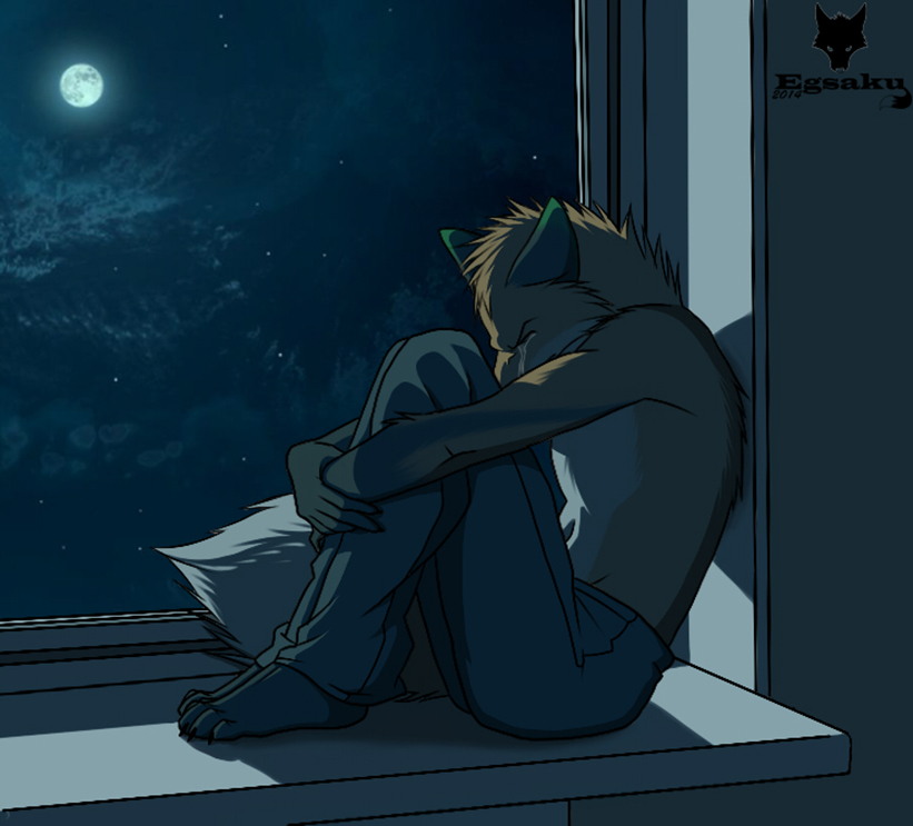 2014 4_toes 5_fingers anthro black_fur brown_fur canine clothed clothing crying depression egsaku fox fur gloves_(marking) jeans male mammal markings moon multicolored_fur night pants plantigrade side_view sky solo tears toes topless two_tone_fur upset white_fur window