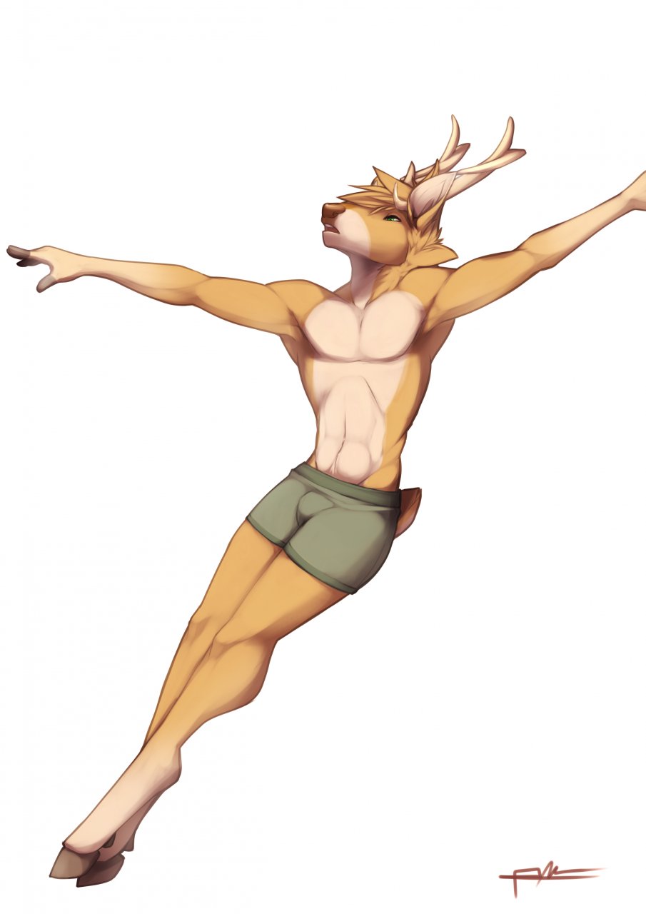 2014 anthro antlers biped boxers_(clothing) brown_fur brown_hair brown_nose brown_tail cervine clothed clothing deer digital_media_(artwork) front_view full-length_portrait fur grey_bottomwear grey_clothing grey_hooves grey_underwear hair hi_res hooves horn lost-paw lou_(stripes) male mammal multicolored_fur open_mouth portrait short_hair short_tail signature small_tail snout solo tan_fur tan_horn topless two_tone_fur underwear