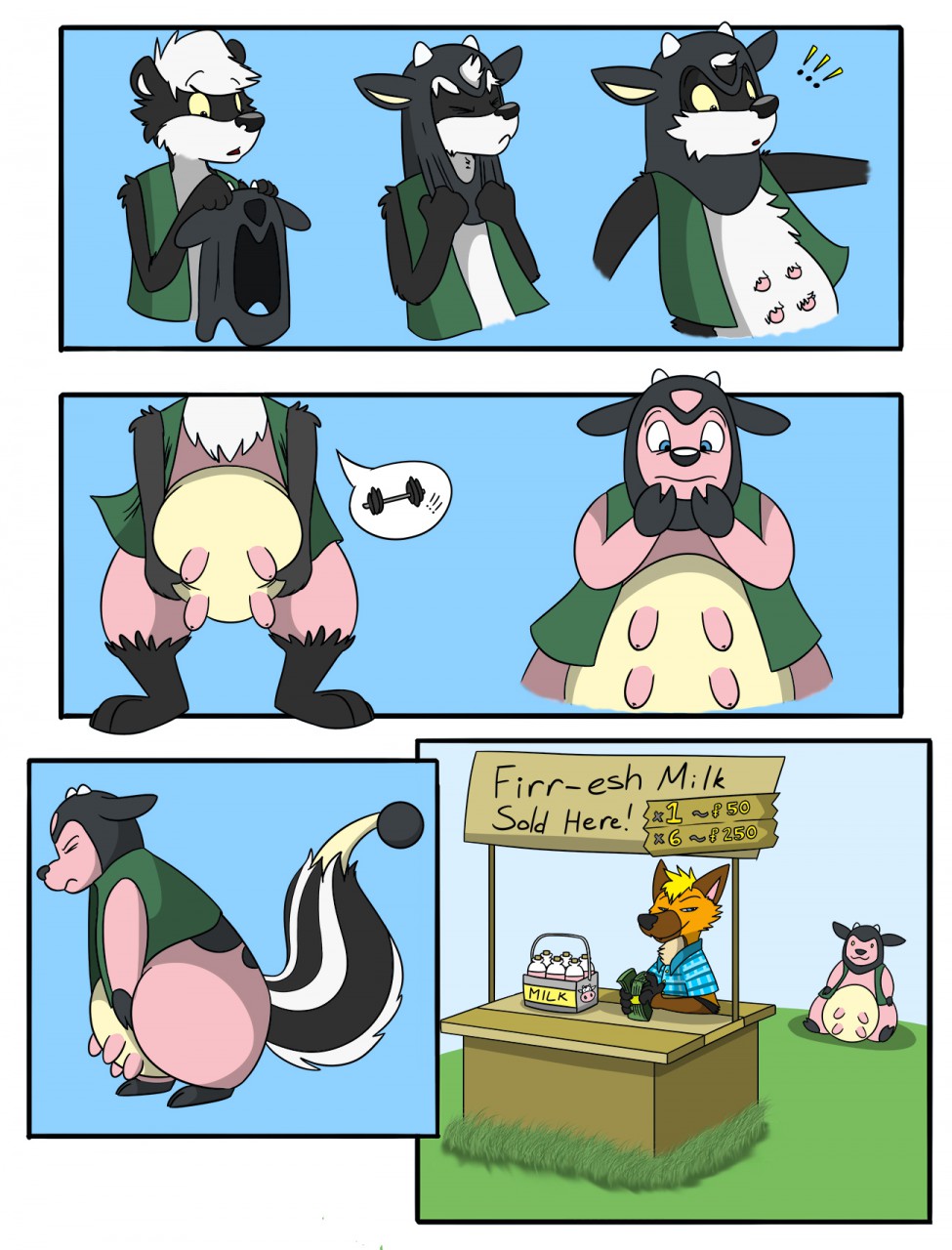 2016 3_toes anthro beverage black_fur black_nose blue_eyes bovine canine clothed clothing comic costume digital_drawing_(artwork) digital_media_(artwork) dunethefox duo english_text firr fox fox0808 fur grass green_vest hair hi_res horn male mammal milk miltank money multicolored_fur multicolored_tail nintendo pok&eacute;mon pok&eacute;mon_(species) sign simple_background skunk solo_focus speech_bubble striped_fur striped_tail stripes teats text toes transformation two_tone_fur udders vest video_games white_fur white_hair