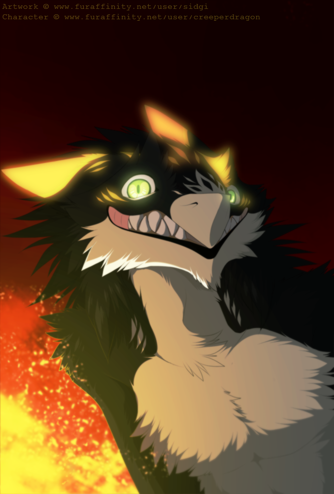 2016 ambiguous_gender anthro black_fur brown_background fur glowing glowing_eyes grin headshot_portrait insane looking_at_viewer multicolored_fur portrait red_background sergal sharp_teeth sidgi simple_background slit_pupils smile solo teeth two_tone_fur white_fur yellow_eyes