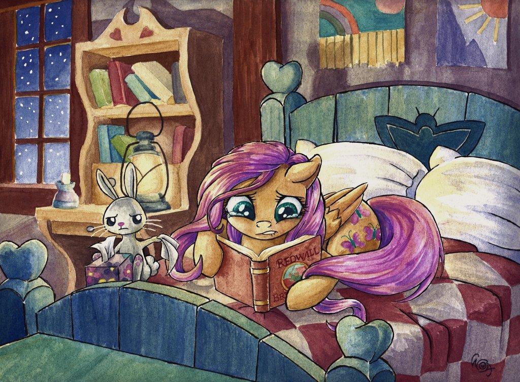 2012 angel_(mlp) bed bed_covers bedding bedroom biting_lip book bookcase crying cutie_mark duo equine eyelashes feathered_wings feathers fluttershy_(mlp) friendship_is_magic frown hair holding_object inside lagomorph lantern light long_hair lying makeup mammal mascara my_little_pony night nude pegasus pillow pink_hair rabbit reading shadow signature sitting snow snowing teal_eyes tears teeth the-wizard-of-art tissue_box tissues traditional_media_(artwork) watercolor_(artwork) window wings